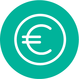 Deilbhín ciorclach téal ar a bhfuil siombail airgeadra euro bhán ar an taobh istigh.