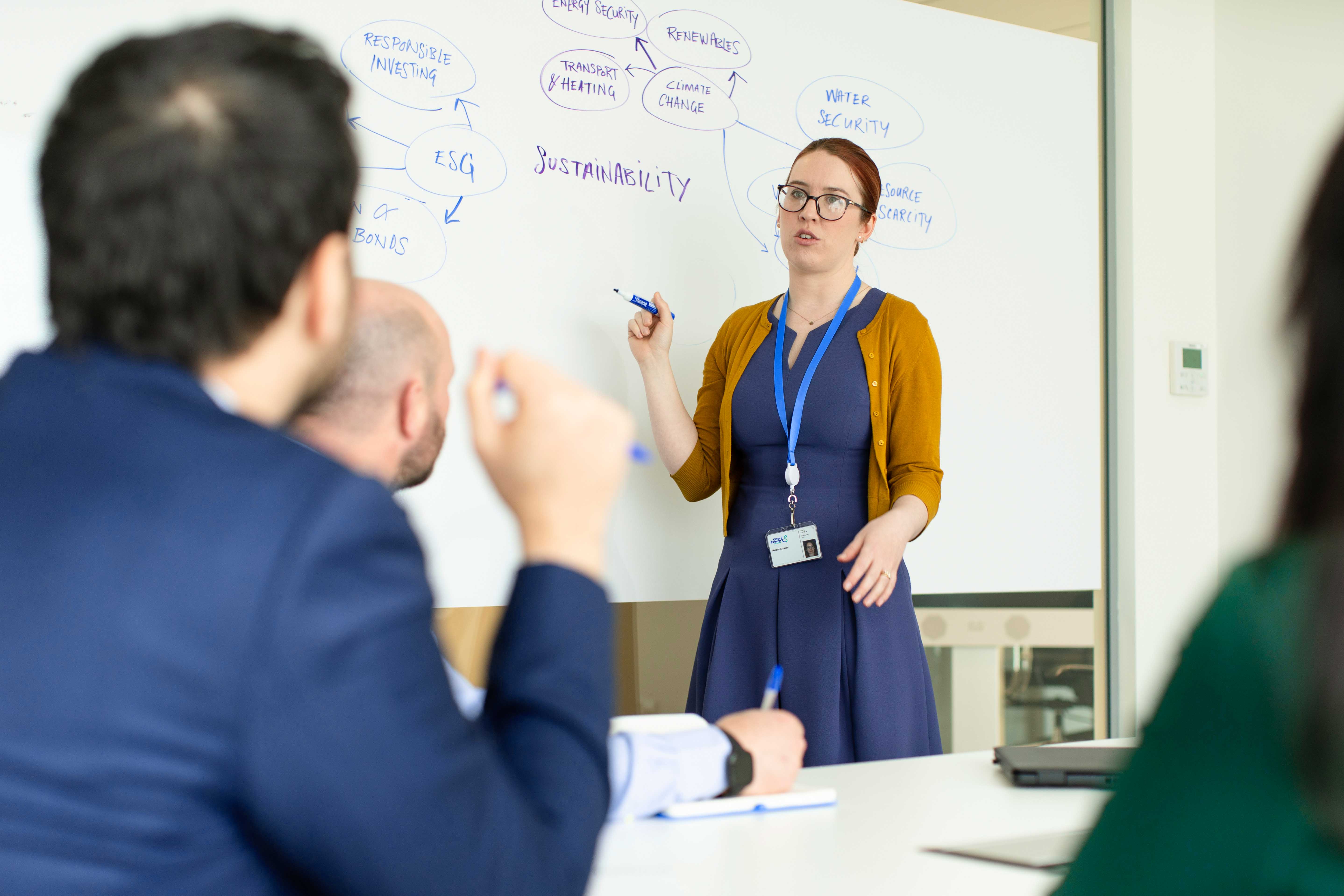 An Uisce Éireann worker giving a presentation on sustainability using a whiteboard