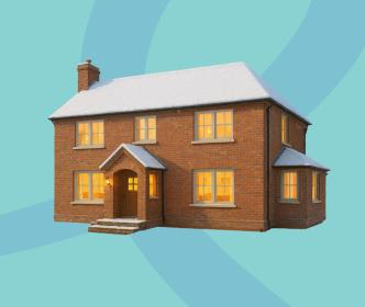 A house with snow on the roof with their lights turned 