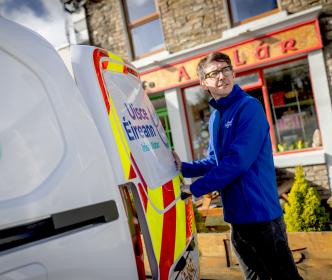 UE van outside Irish cafe