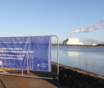 A banner reading "Securing the water supply for 80,000 people in East Dublin" by the coast